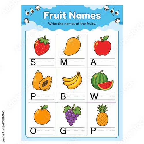 worksheet - write the names of the fruits worksheet for preschool kids