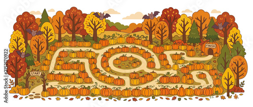Autumn Pumpkin Maze with Bats, Fall Foliage, and Harvest Festival Atmosphere