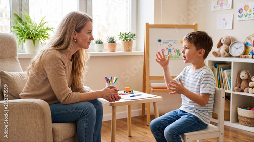 Little boy talking to female counselor or therapist during child psychology consultation