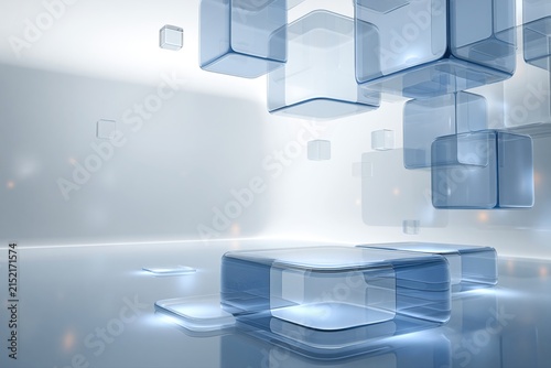 Abstract 3D render of blue glass cubes in minimalist white space