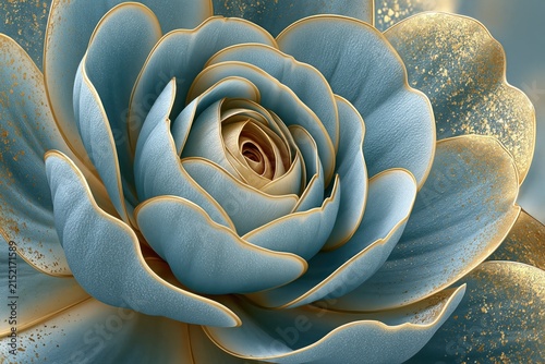3D render elegant blue rose flower with gold trim