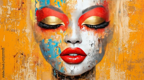 Vibrant Artistic Portrait of a Woman with Colorful Abstract Patterns and Bold Makeup on an Orange Background