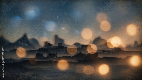 Mystical Night Landscape with Glowing Bokeh Lights and Starry Sky.