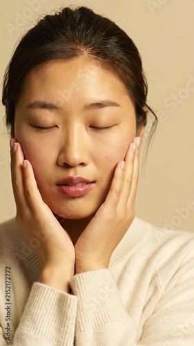 Young woman holding face with eyes closed for skincare.