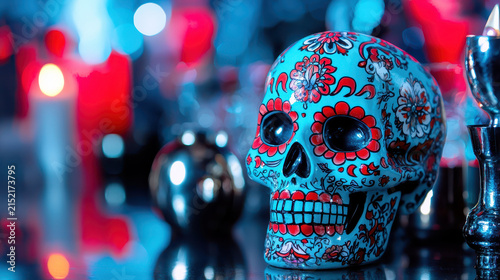 Colorful decorative skull with intricate floral patterns sits reflective surface, surrounded by candles and metallic objects, creating vibrant
