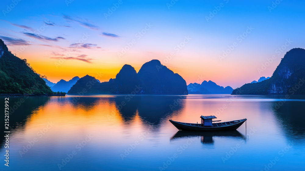 Fototapeta premium Serene landscape featuring boat on calm water at sunset, surrounded by mountains and vibrant sky colors