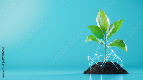 Geometric low poly plant growing from soil with blue background, symbolizing growth and technology