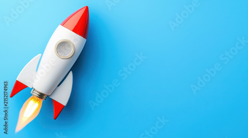Colorful rocket launching against blue background, symbolizing innovation and adventure