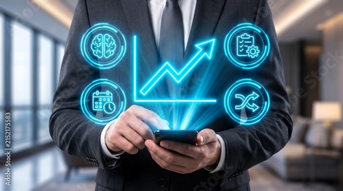 Professional businessman in a dark charcoal suit uses a modern smartphone to access glowing blue digital growth chart interface icons