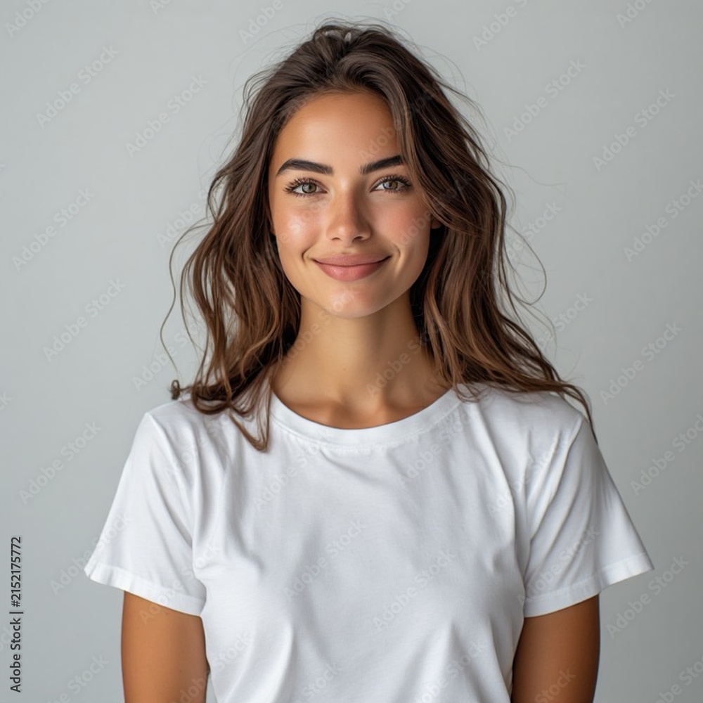 Fototapeta premium Portrait of a beautiful young woman with long wavy hair wearing a white t-shirt