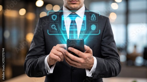 Professional businessman in dark suit holding smartphone while interacting with holographic interface showing secure digital banking and payment credit cards