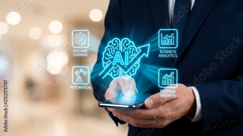 Professional businessman uses a smartphone displaying bright neon blue icons representing artificial intelligence, machine learning, and advanced corporate data analytics