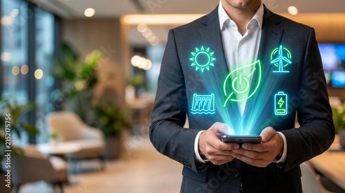 Professional businessman holds a dark smartphone displaying glowing neon green holographic icons representing sustainable energy solutions and renewable environmental power sources