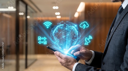 Business professional interacts with a glowing digital globe hologram on his smartphone displaying various connection icons for global network communication