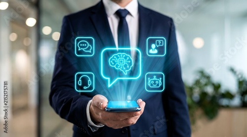 Professional businessman in a navy suit holding a digital smartphone displaying bright blue neon artificial intelligence icons and futuristic graphics