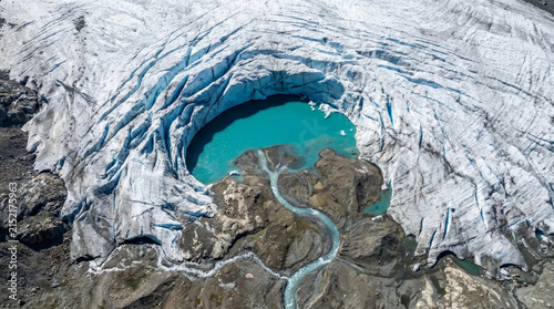Aerial view of a glacial lake and meltwater stream on a vast ice sheet