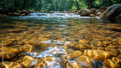 Clear Water Flowing Over Smooth Golden River Stones In A Sunny Forest Stream