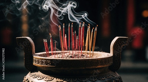 Burning incense sticks create white smoke and glow in an ornate oriental incense burner. This offers aroma and peace for meditation or ritual.
