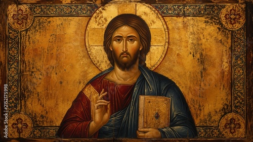 Traditional Byzantine icon of Jesus Christ Pantocrator holding Gospel book with blessing on golden background
