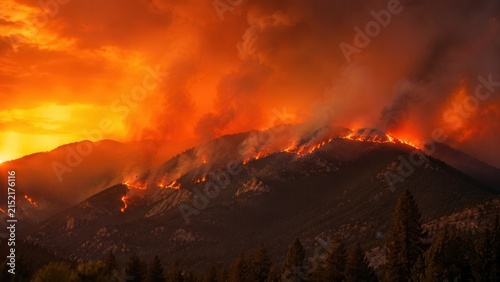 Massive wildfire spreading across mountain landscape at sunset with dense smoke and destructive forest fire