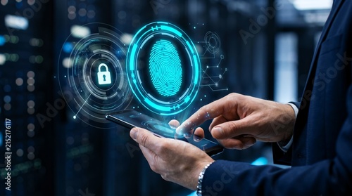Professional businessman uses modern smartphone to activate secure biometric fingerprint identification system with glowing blue digital interface and neon icons