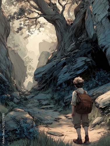 Child stands at rocky path, ancient trees loom, mystery beckons, heart full of wonder.
