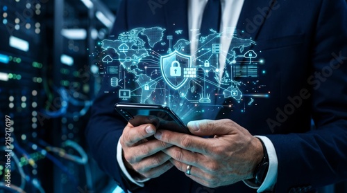 Professional businessman holding a mobile device displaying glowing blue cybersecurity shield icons with global network maps and digital data connections