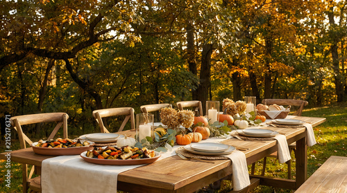 Autumnal outdoor dining table set for feast with pumpkins gourds and fall foliage