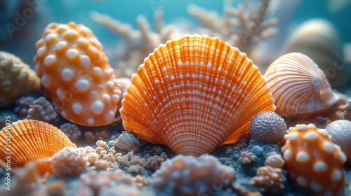 Bright Orange Seashells And Corals On Sandy Ocean Floor Underwater Macro Photography