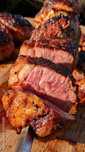 Flame grilled meat skewers with charred texture