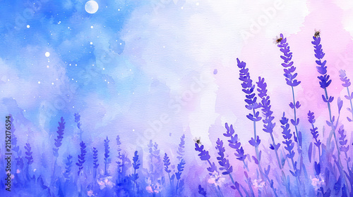 Watercolor painting of lavender flowers in serene landscape with blue and pink background, evoking tranquility and beauty
