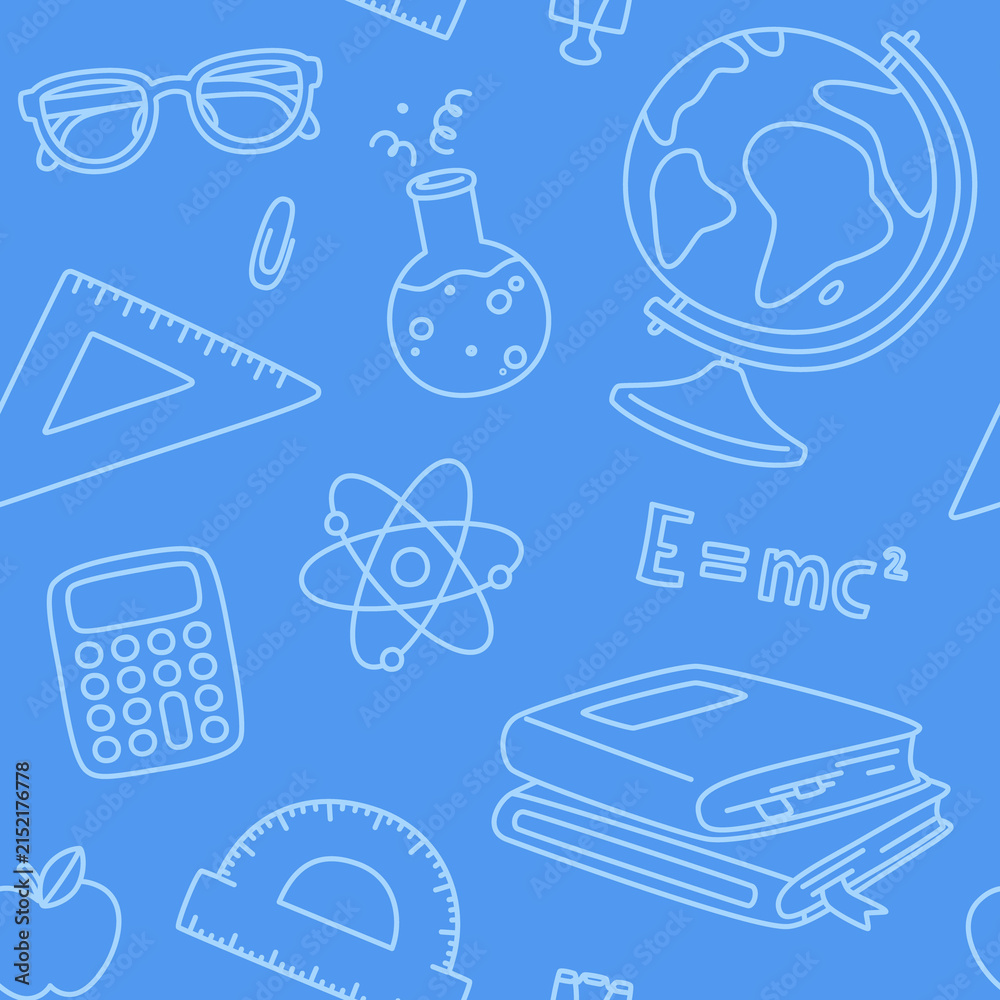School science outline pattern. Seamless vector print with school stationery.