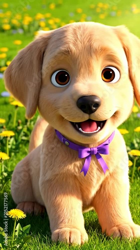 Golden puppy with purple collar in grass.