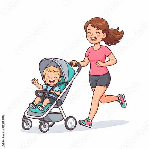 Active mother jogging and running while pushing a stroller with her baby