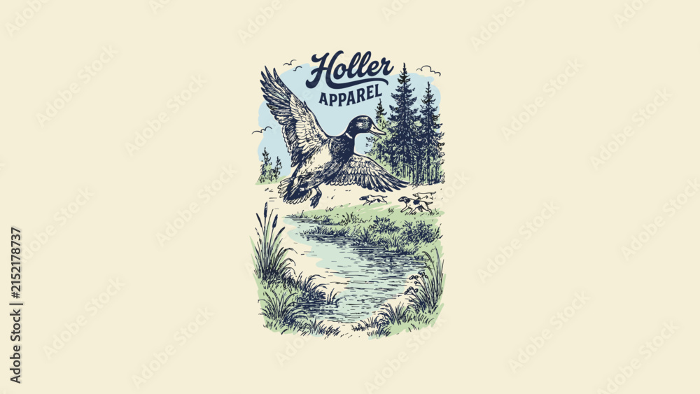 Obraz premium Hand-drawn vintage style illustration of a wild mallard duck in flight over a wetland marsh with cattails, pine forest trees, and hunting dogs in a nature scene for outdoor apparel.