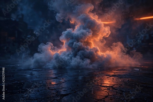 Dramatic Volcanic Eruption with Fiery Smoke and Lava Glow Reflected on Wet Ground.