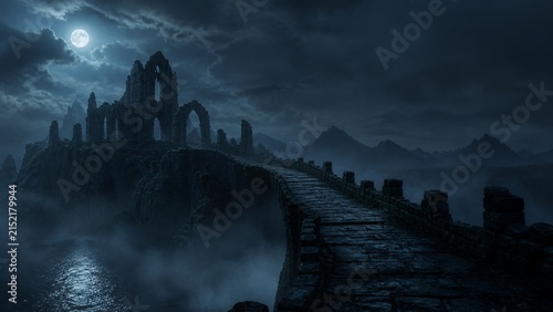 Stone Bridge Leading To Gothic Ruins