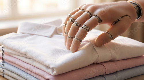 Close-up of beige robotic hands folding white and pastel fabrics on soft blurred studio background, concept of automated textile care