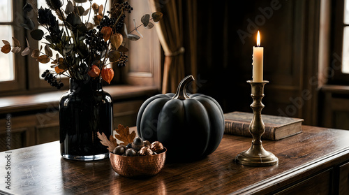 Elegant autumn table setting with black pumpkin lit candle and floral decor
