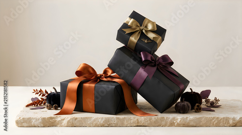 Modern stacked gift boxes with satin bows and autumnal accents for promotions