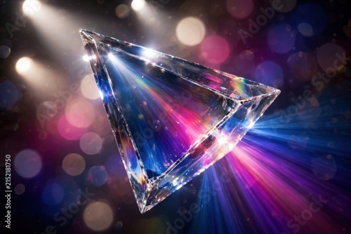 Brilliant Diamond Prism Emitting Rainbow Light Beams Against Bokeh Background.