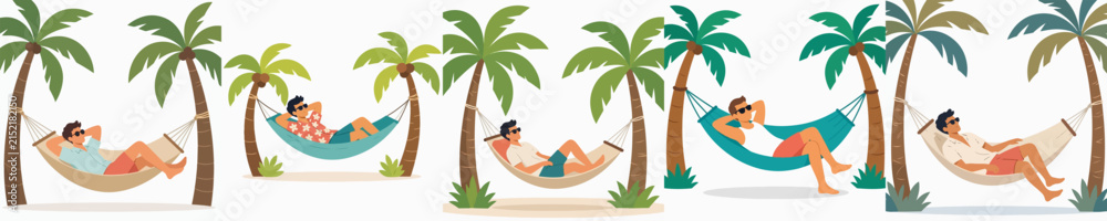 Obraz premium Flat vector illustration of a man sleeping in a beach hammock in summer