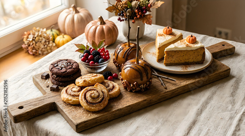 Harvest bounty of fall desserts including cheesecake candy apples and cookies on wooden board