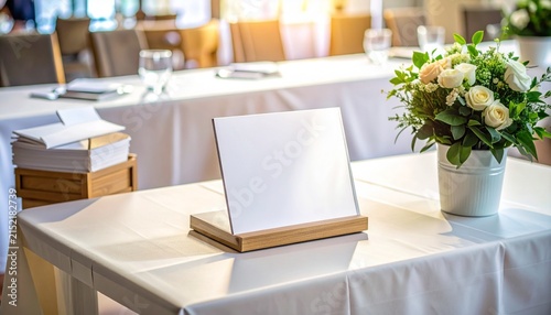 Blank Tabletop Sign in Wooden Holder on Event Table Setting