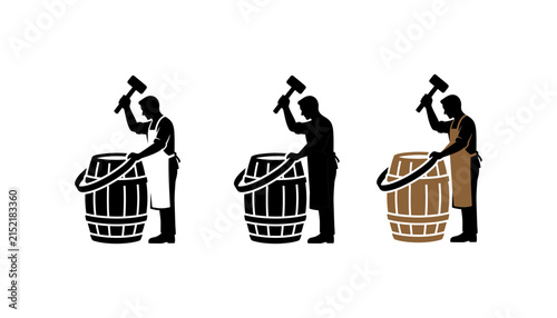 Vintage cooper silhouette vector set, craftsman making wooden barrel with hammer, traditional brewery and winery workshop icons
