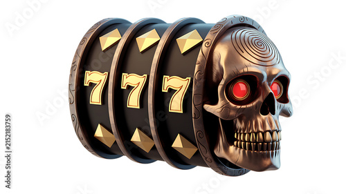 Sinister skull slot machine reel with lucky sevens 3d png isolated object view on a transparent background.