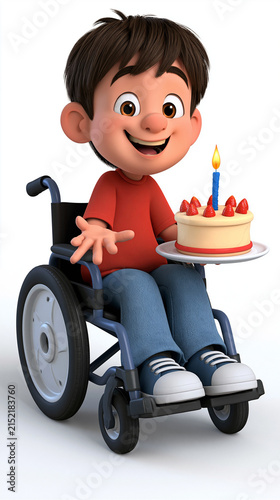 Cheerful 3D cartoon boy with dark hair, happily smiling in a wheelchair, proudly presenting a delicious strawberry-topped birthday cake with a glowing candle, isolated on a clean white