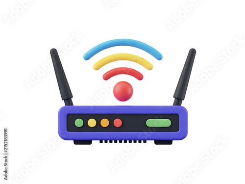 Wireless internet router device on 3d png isolated transparent background showing network connectivity signal.