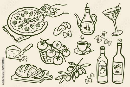 Hand Drawn Food and Drink Icons Set with Pizza, Wine, Meat, Fish, Cheese, Fruits and Vegetables Vintage Doodle Vector Illustration Collection for Restaurant Design