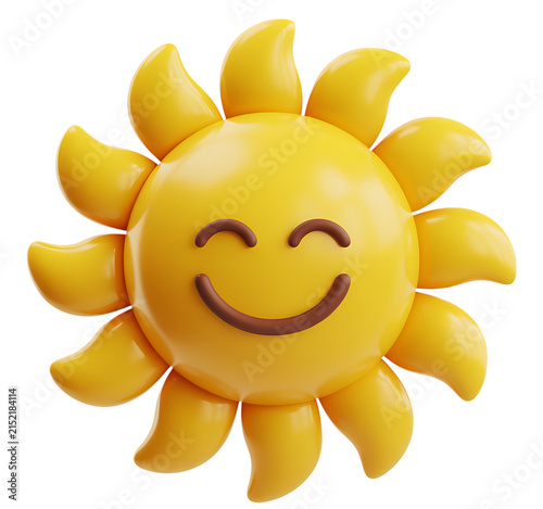 Yellow smiling sun face character on 3d png isolated transparent background representing warm sunny weather day.